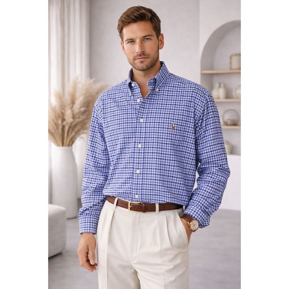 RALPH LAUREN Stretch Oxford‎ Shirt Blue Gingham Plaid Shirt Button Down 2XB Big